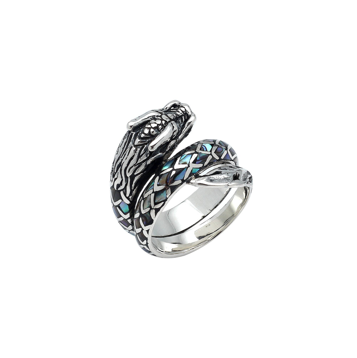 Balinese Sterling Silver Dragon Ring With Abalone Shell Inlay And Oxidized Detailing