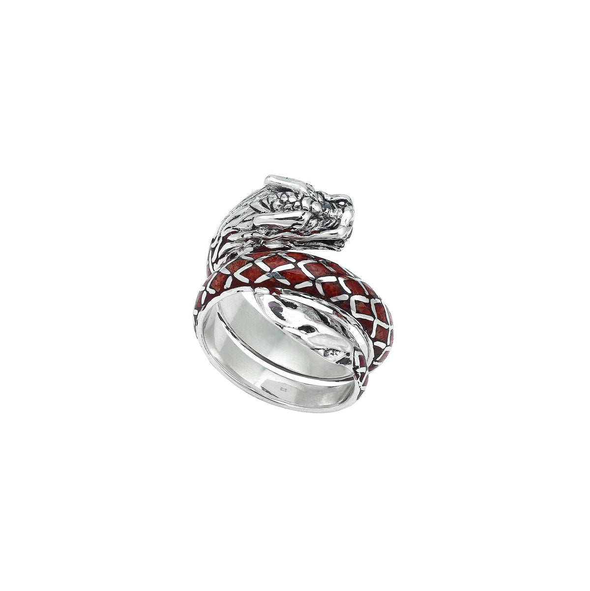 Sterling Silver Dragon Ring With Red Coral Inlay And Polished Detailing