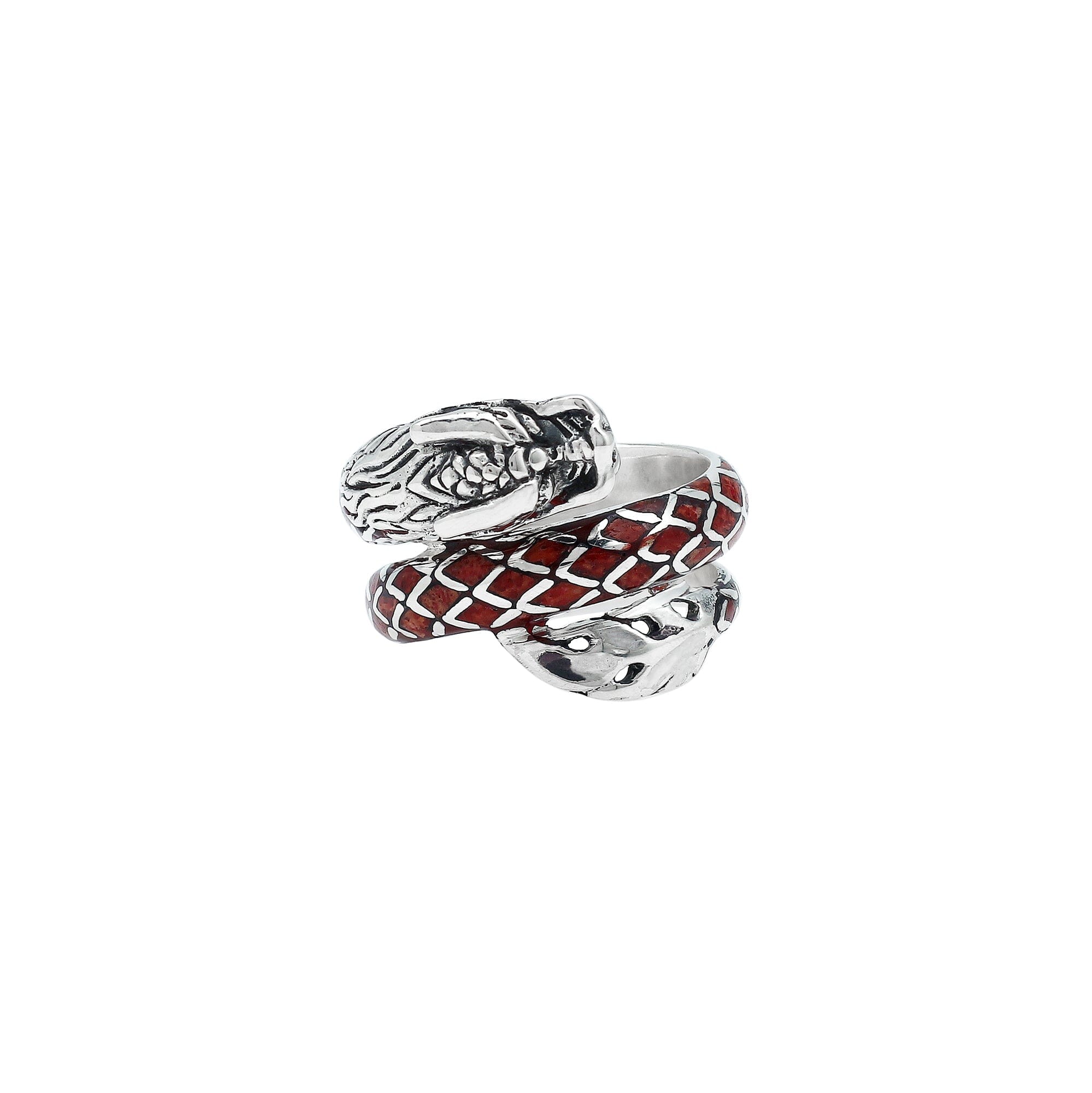 Sterling Silver Dragon Ring With Red Coral Inlay And Polished Detailing