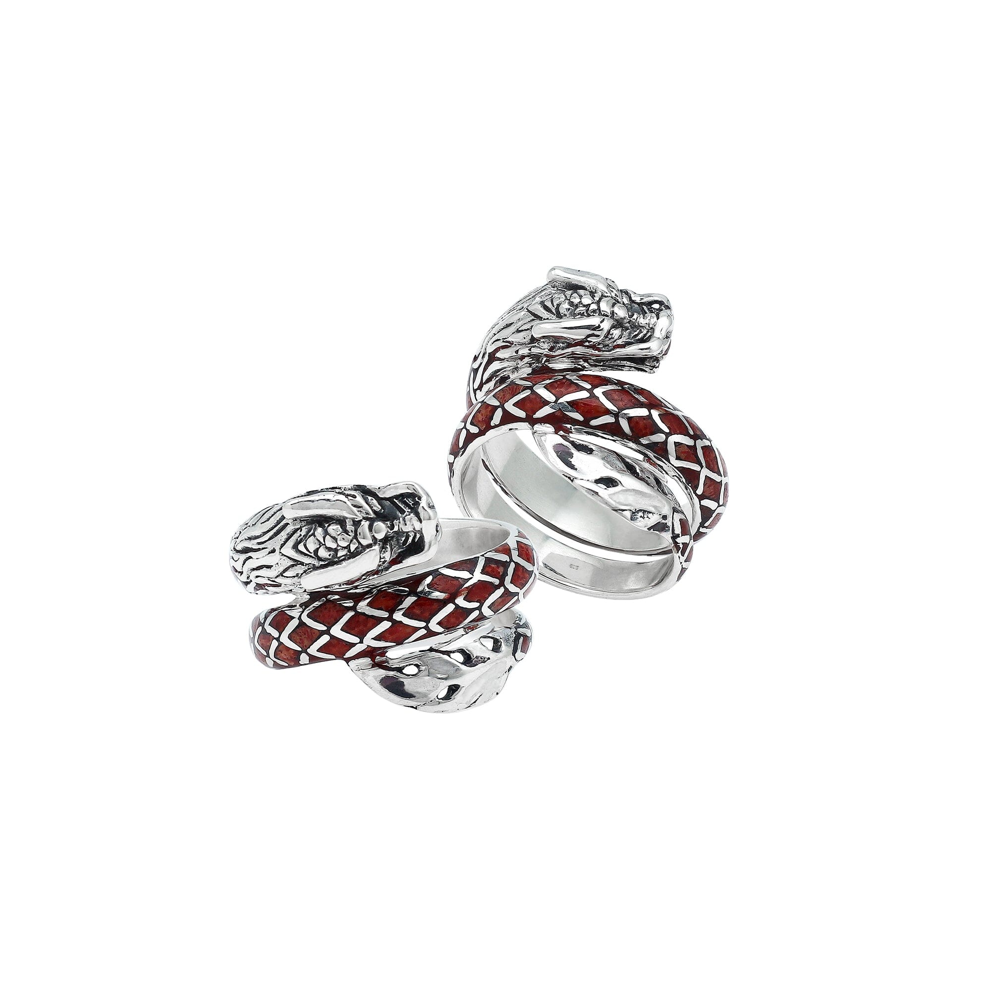 Sterling Silver Dragon Ring With Red Coral Inlay And Polished Detailing