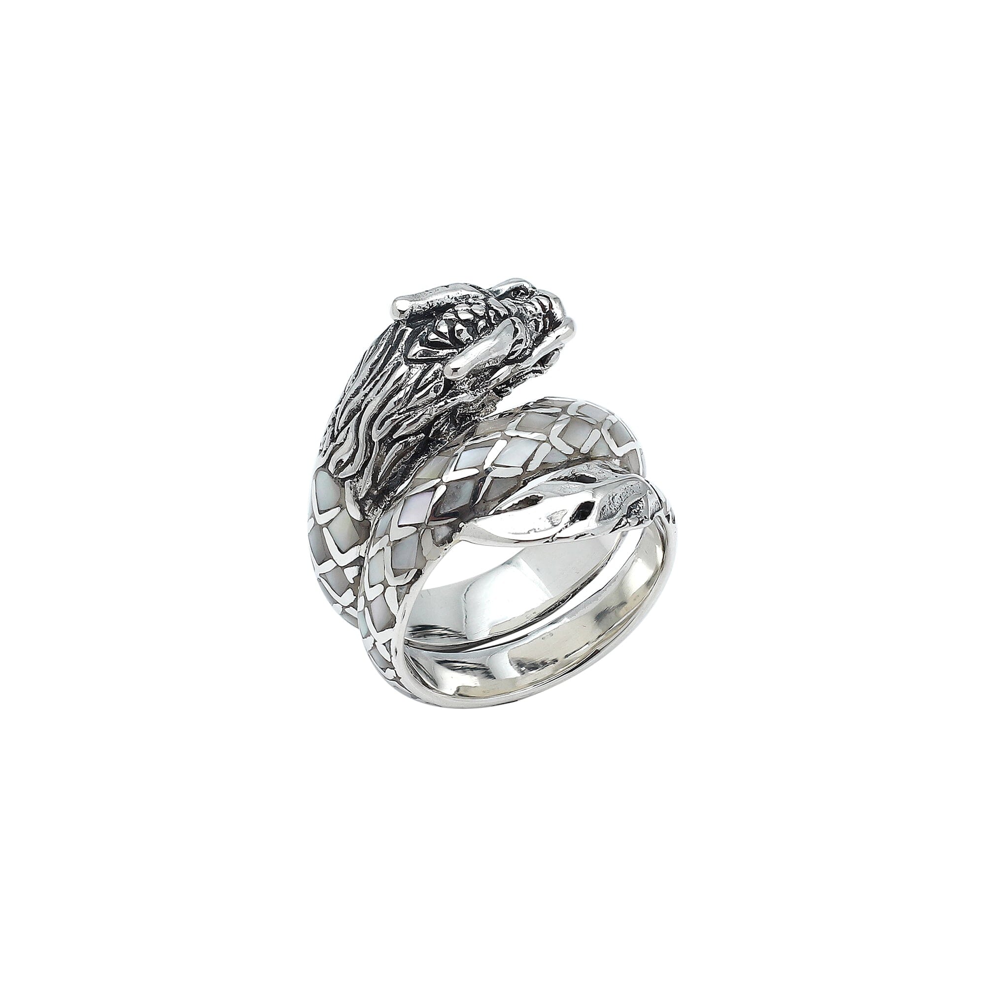 Sterling Silver Dragon Ring With Mother Of Pearl Inlay And Polished Detailing