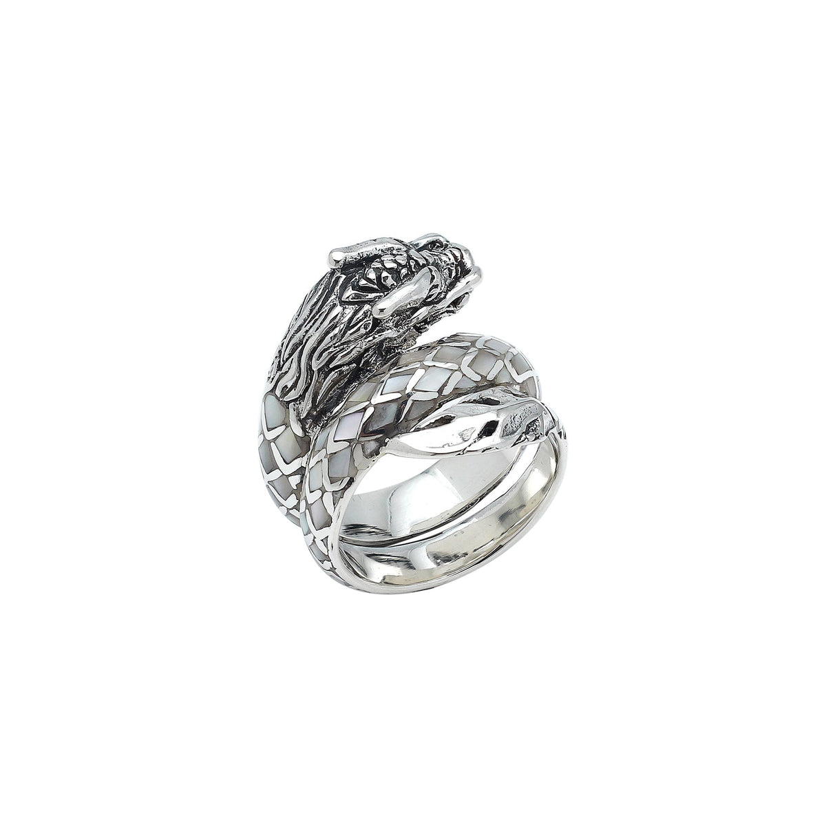 Sterling Silver Dragon Ring With Mother Of Pearl Inlay And Polished Detailing