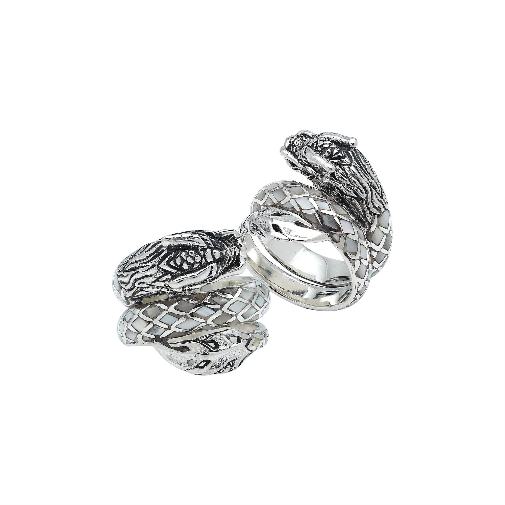 Sterling Silver Dragon Ring With Mother Of Pearl Inlay And Polished Detailing