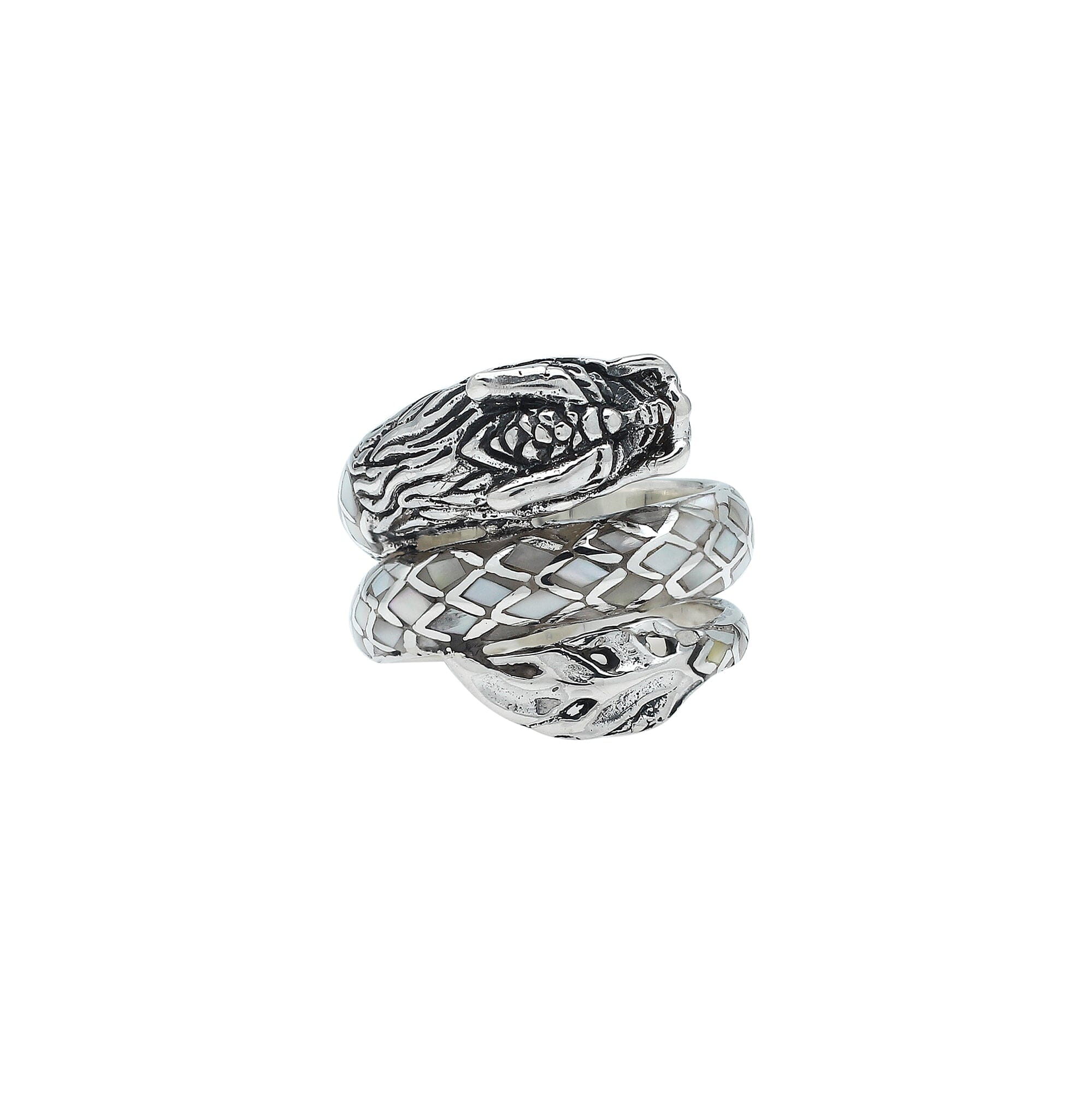 Sterling Silver Dragon Ring With Mother Of Pearl Inlay And Polished Detailing