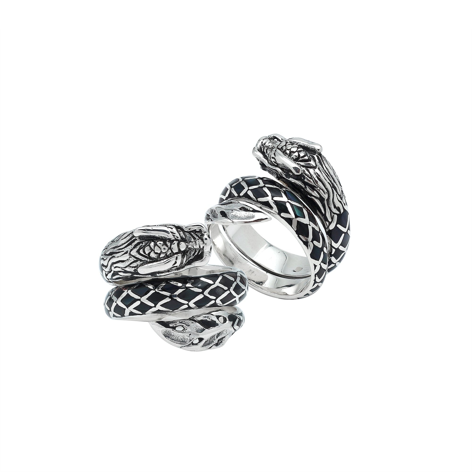 Sterling Silver Dragon Ring With Black Shell Inlay And Polished Detailing