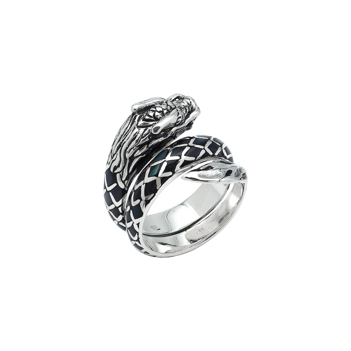 Sterling Silver Dragon Ring With Black Shell Inlay And Polished Detailing