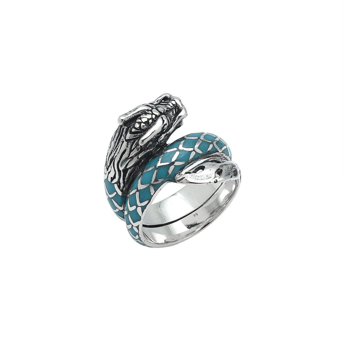 Sterling Silver Dragon Ring With Turquoise Shell Inlay And Polished Detailing