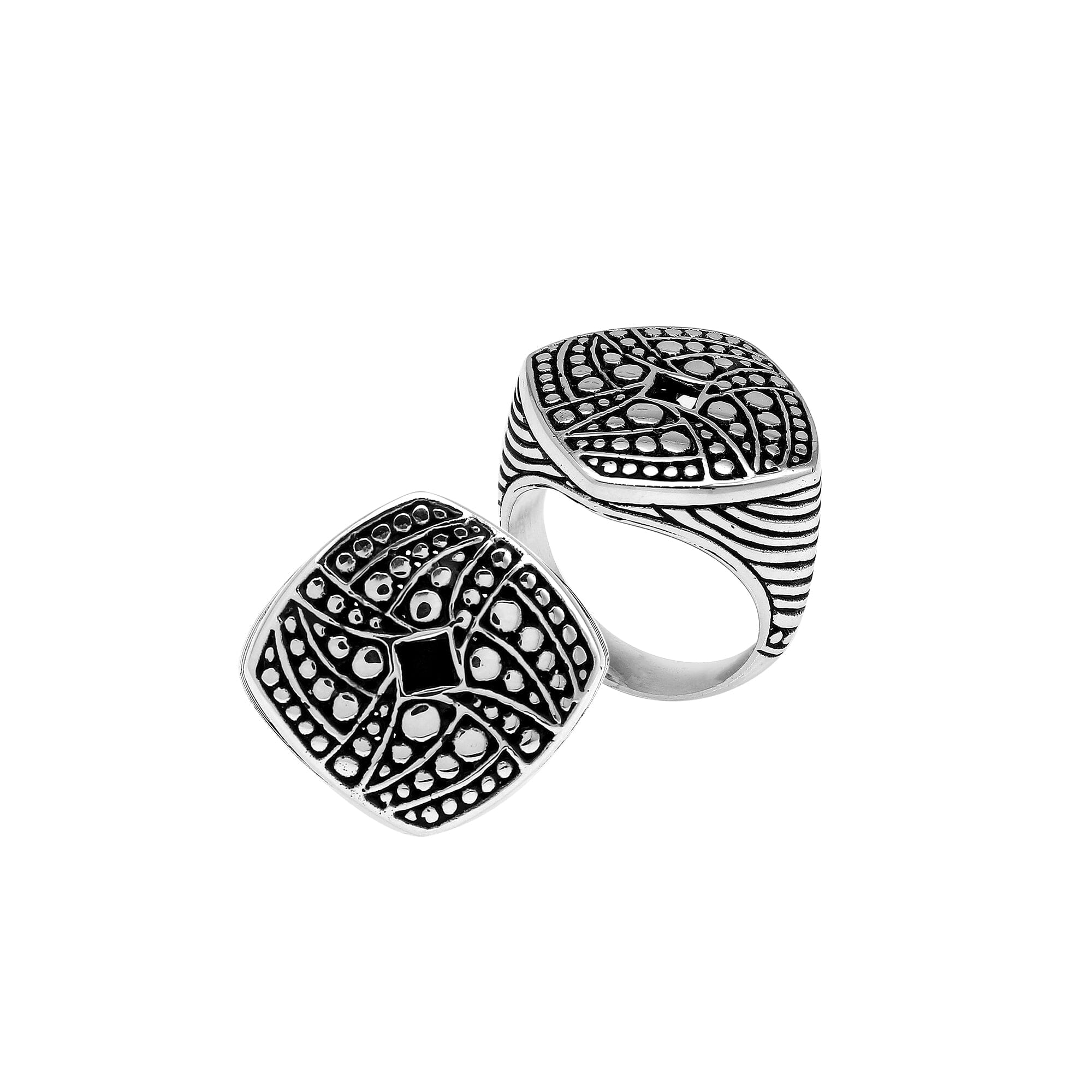Sterling Silver Square Artisan Ring With Plain Silver And Oxidized Finish
