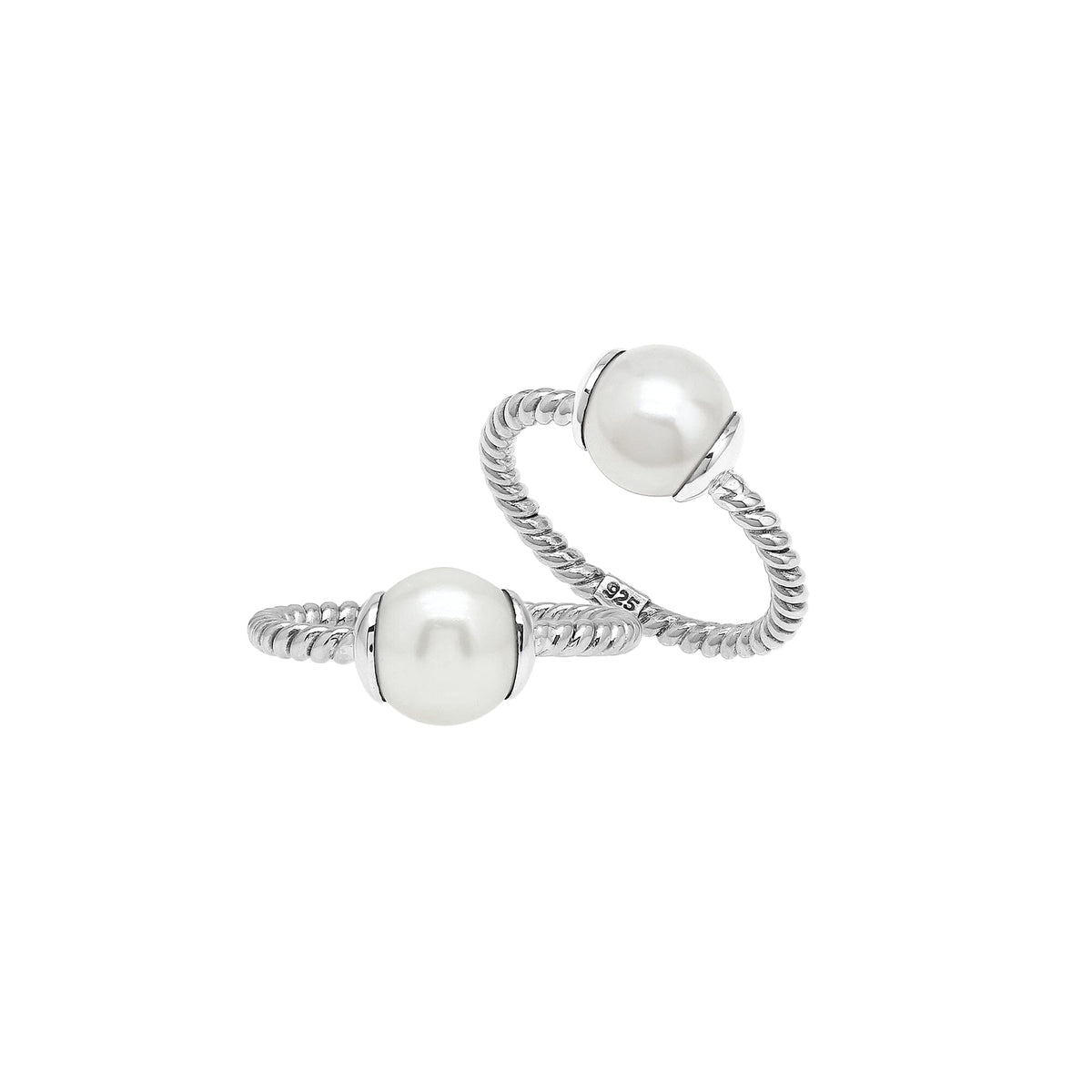 Sterling Silver Open Band Ring With Pearl Ends And Polished Detailing