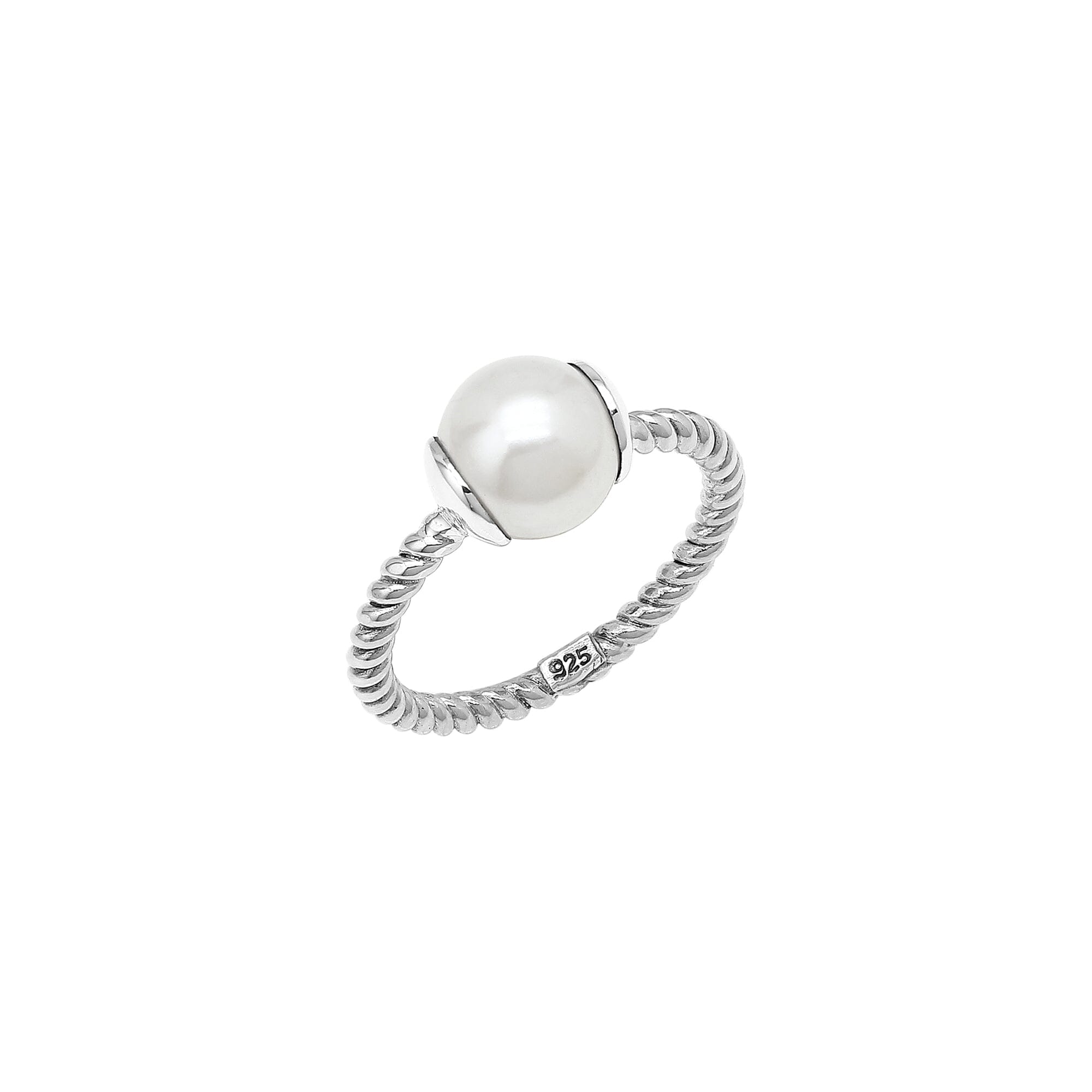 Sterling Silver Open Band Ring With Pearl Ends And Polished Detailing