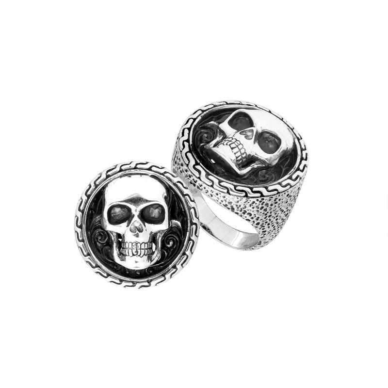 Sterling Silver Gothic Skull Ring With Oxidized Texture And Detailed Band