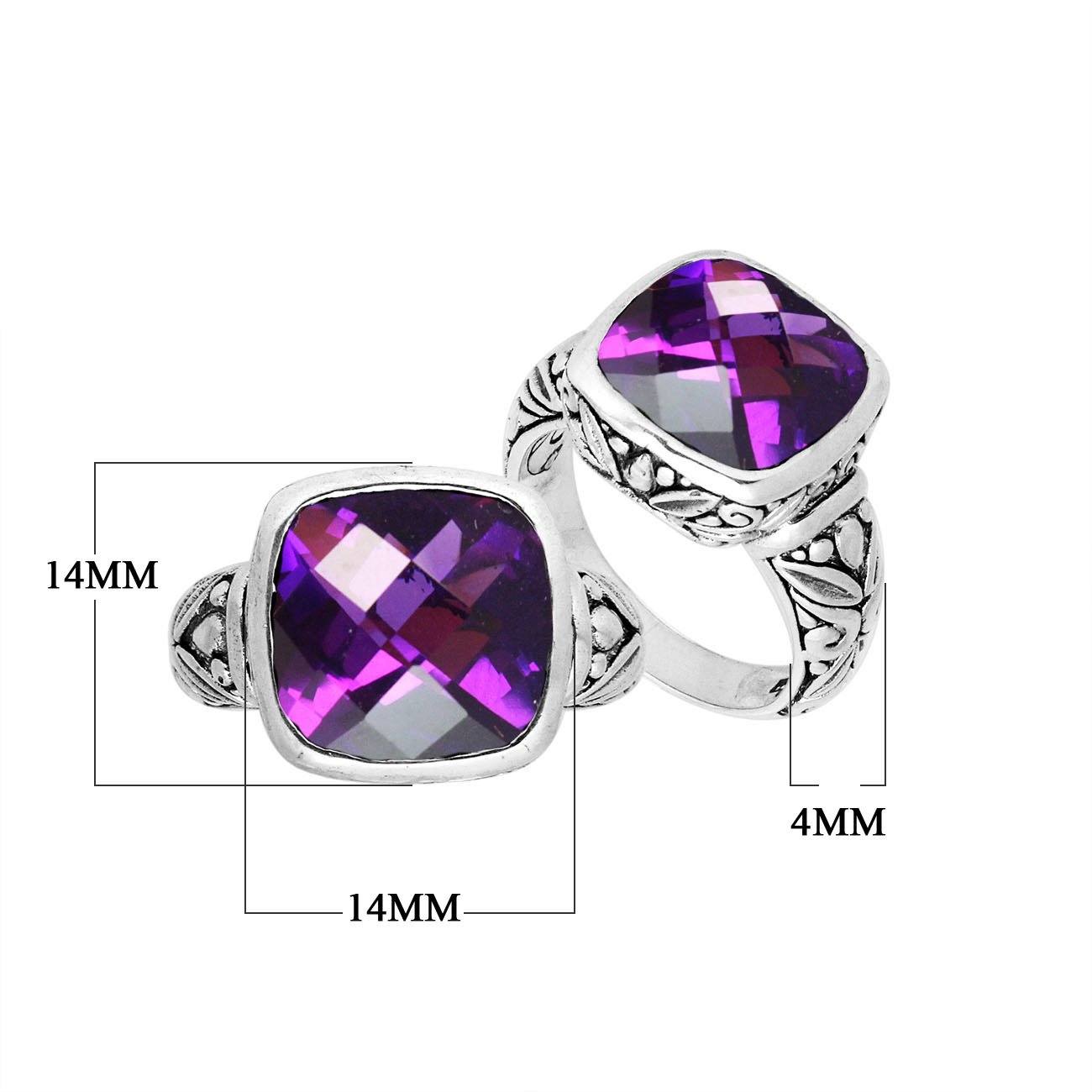 Sterling Silver Ring With Faceted Amethyst Quartz And Balinese Carved Band