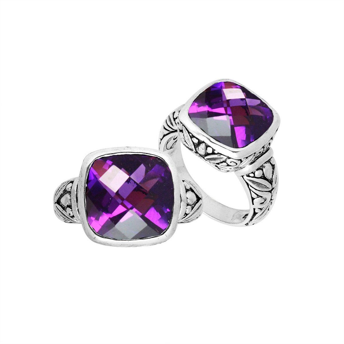 Sterling Silver Ring With Faceted Amethyst Quartz And Balinese Carved Band