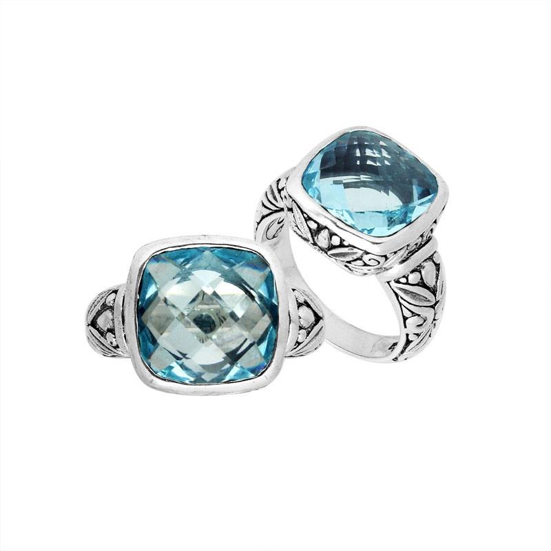 Sterling Silver Ring With Faceted Blue Topaz Quartz And Balinese Carved Band