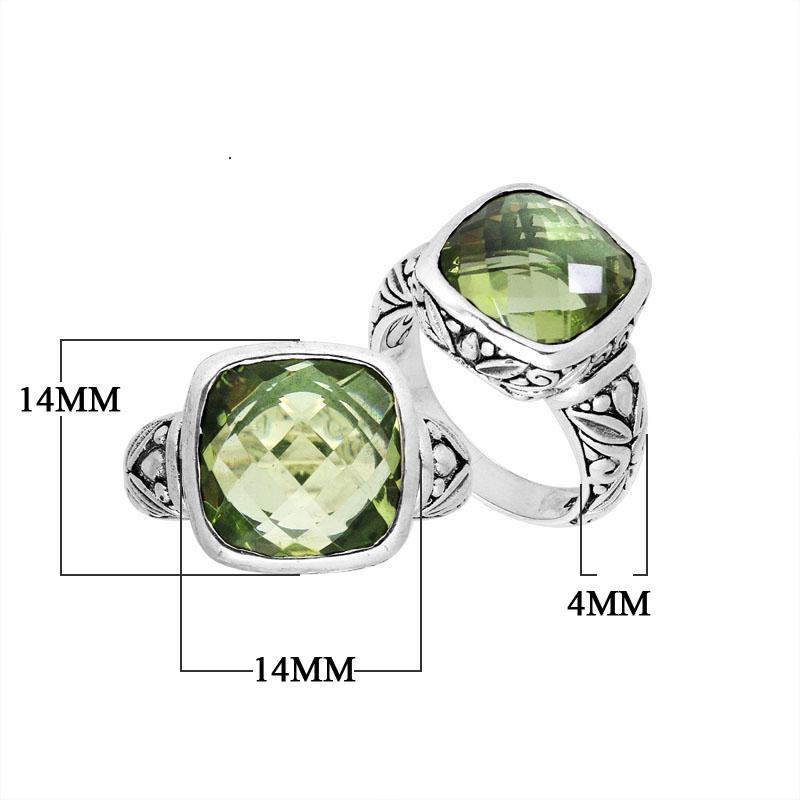 Sterling Silver Ring With Faceted Green Amethyst Quartz And Balinese Carved Band