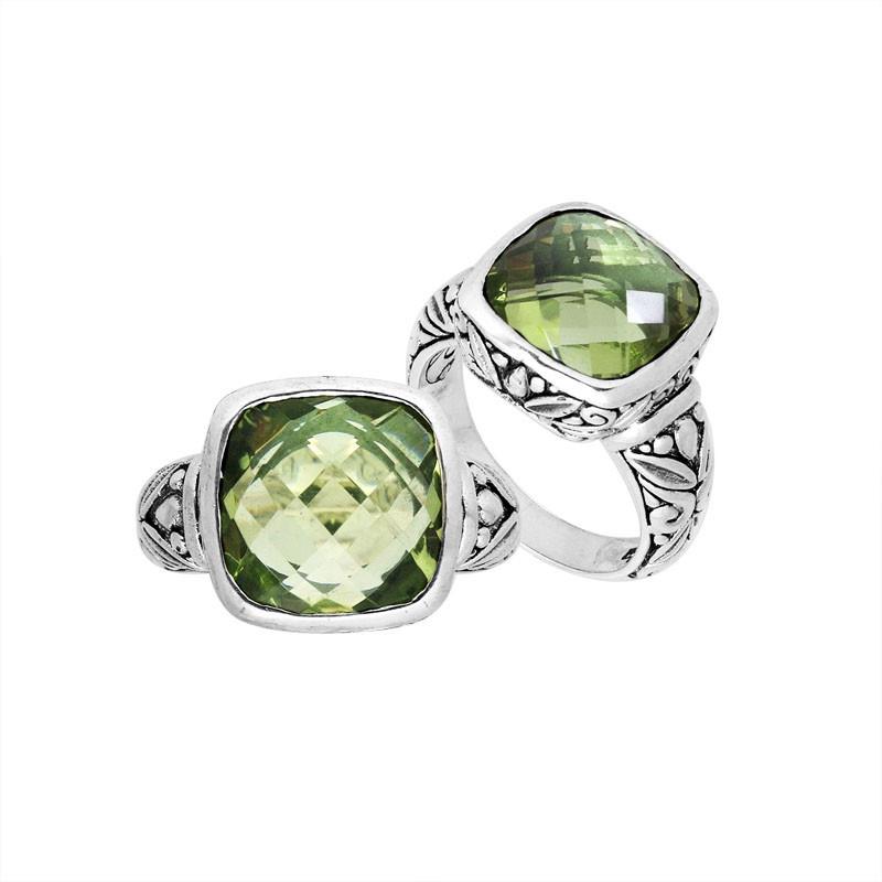 Sterling Silver Ring With Faceted Green Amethyst Quartz And Balinese Carved Band