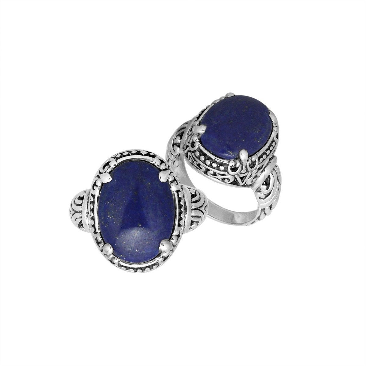 Sterling Silver Oval Shape Lapis Lazuli Ring With Balinese Carved Band For Women