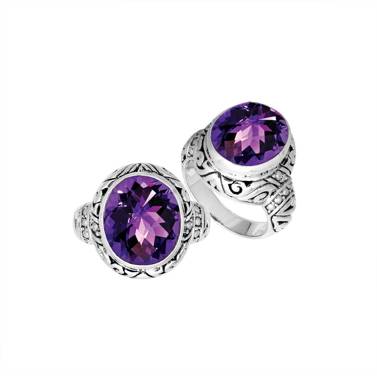 Sterling Silver Amethyst Quartz Ring With Balinese Carved Band For Women