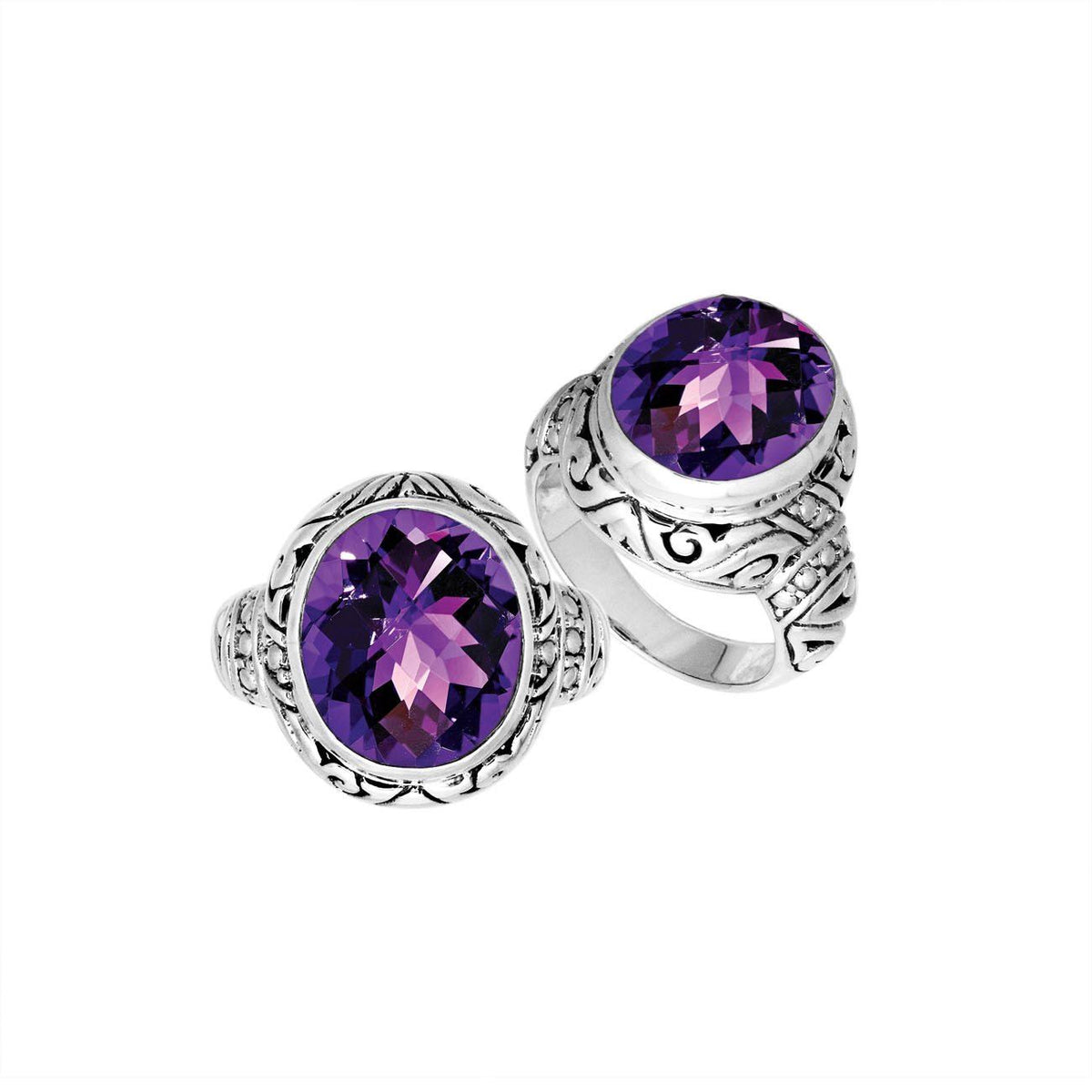Sterling Silver Amethyst Quartz Ring With Balinese Carved Band For Women