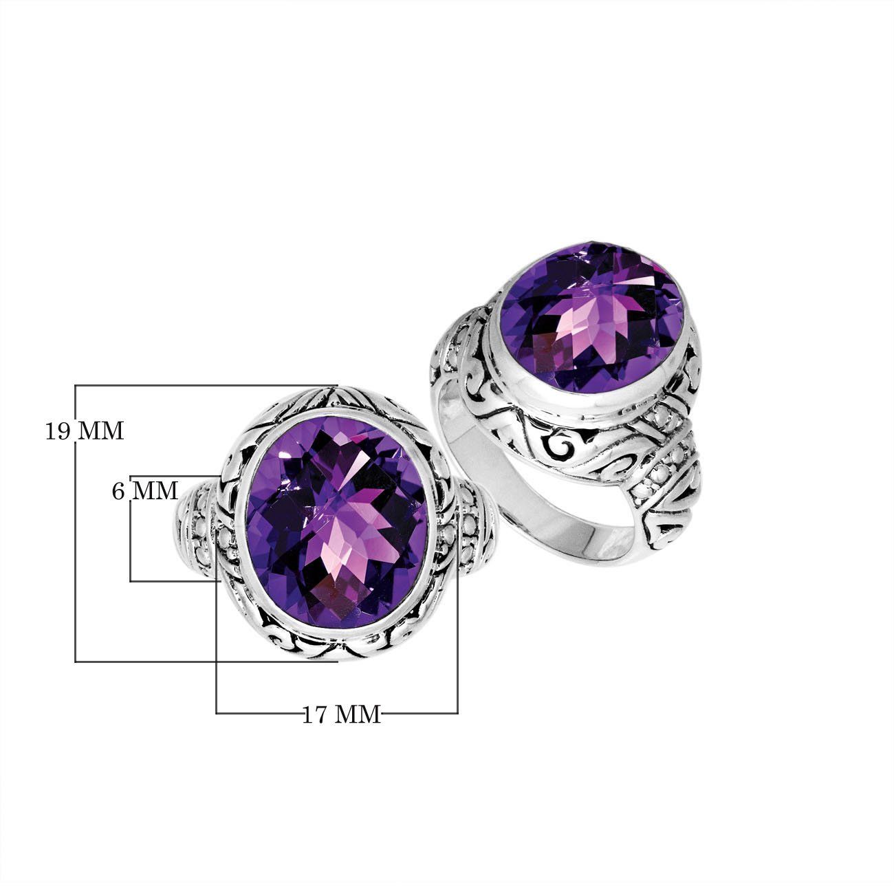 Sterling Silver Amethyst Quartz Ring With Balinese Carved Band For Women