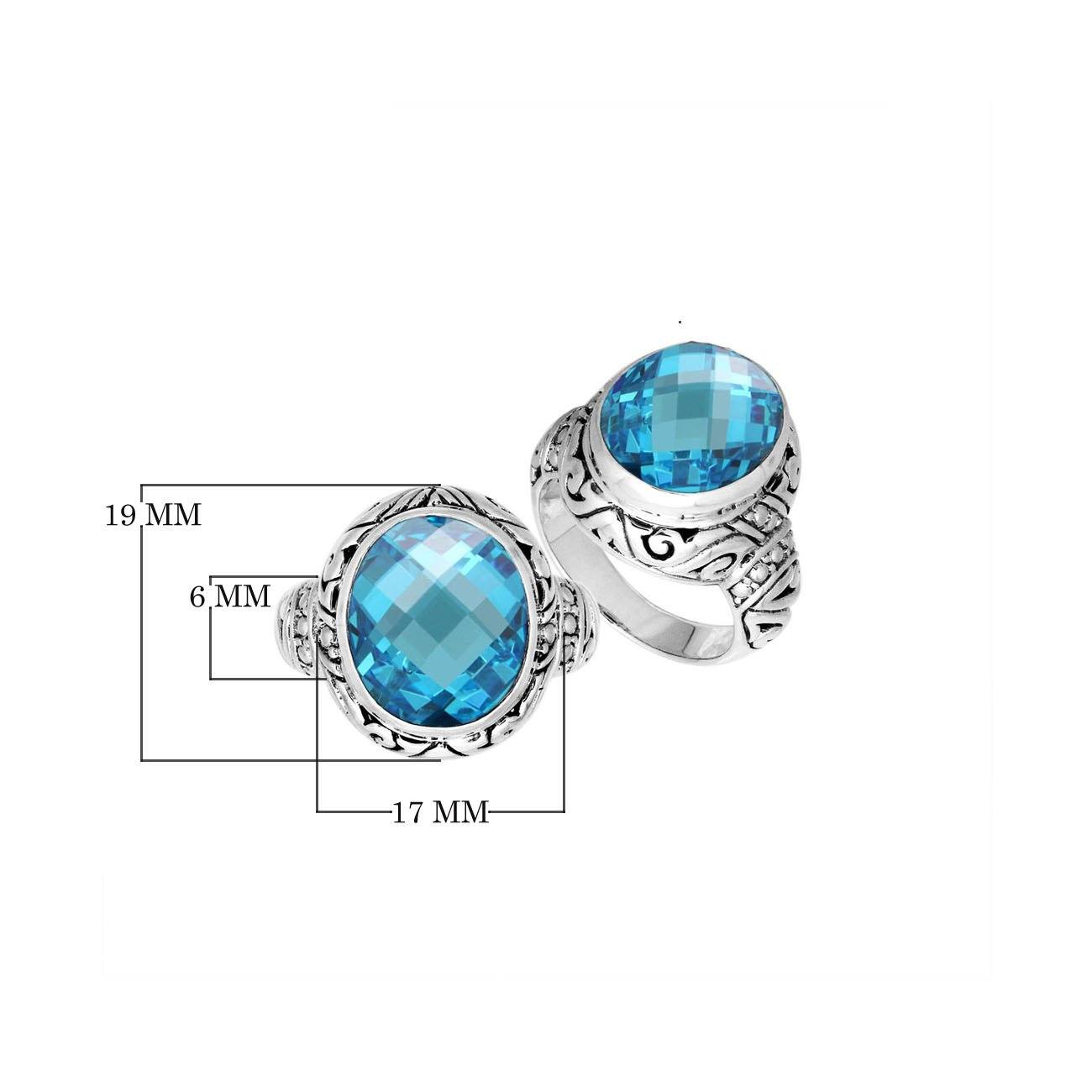 Sterling Silver Blue Topaz Quartz Ring With Balinese Carved Band For Women