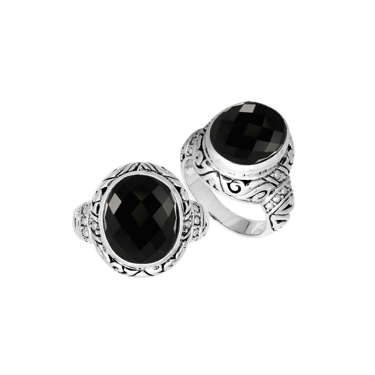 Sterling Silver Black Onyx Quartz Ring With Balinese Carved Band For Women