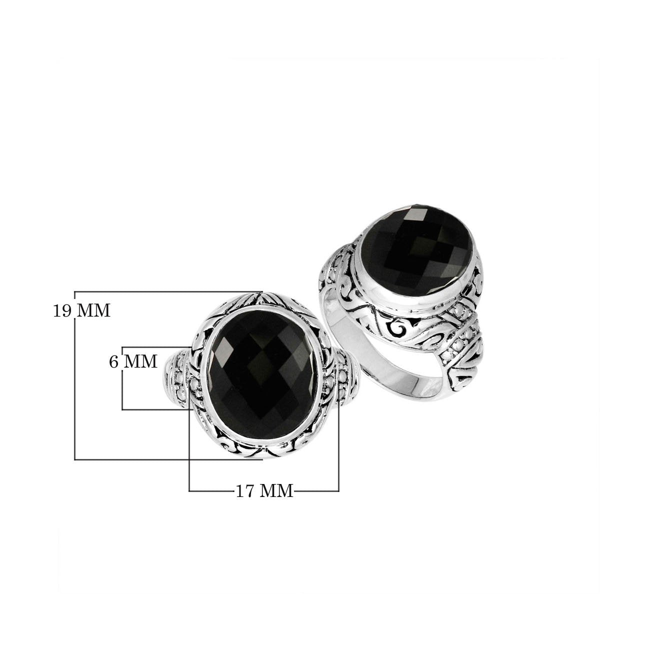 Sterling Silver Black Onyx Quartz Ring With Balinese Carved Band For Women