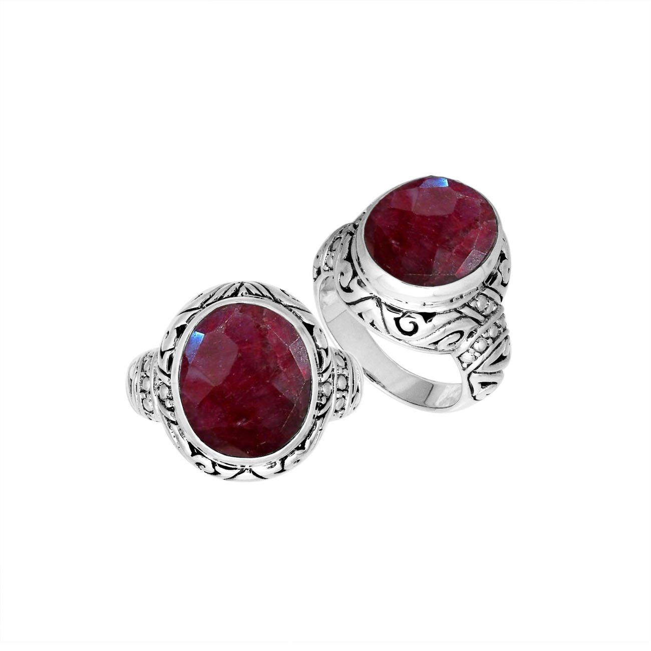 Sterling Silver Ruby Quartz Ring With Balinese Carved Band For Women