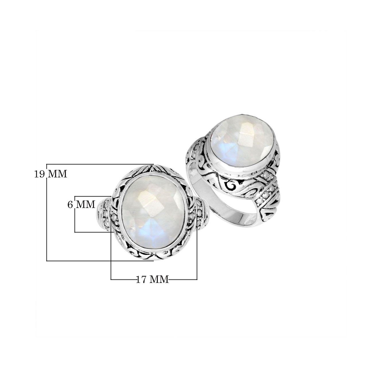 Sterling Silver Rainbow Moonstone Ring With Balinese Carved Band For Women