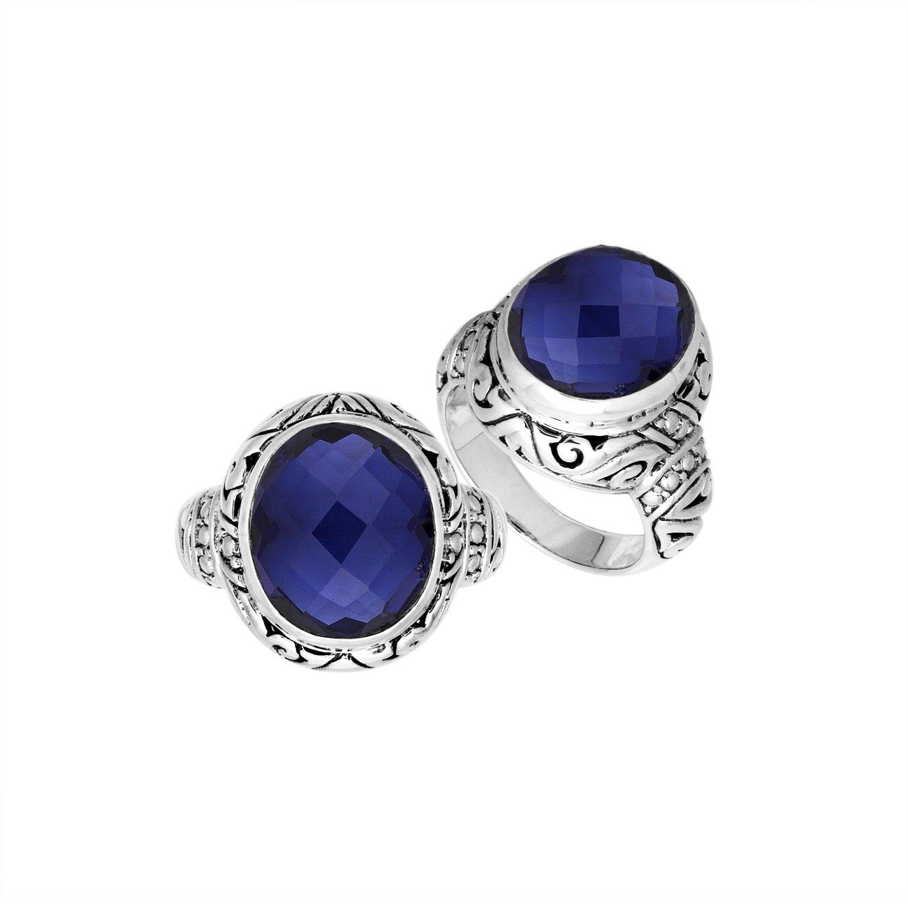 Sterling Silver Sapphire Quartz Ring With Balinese Carved Band For Women