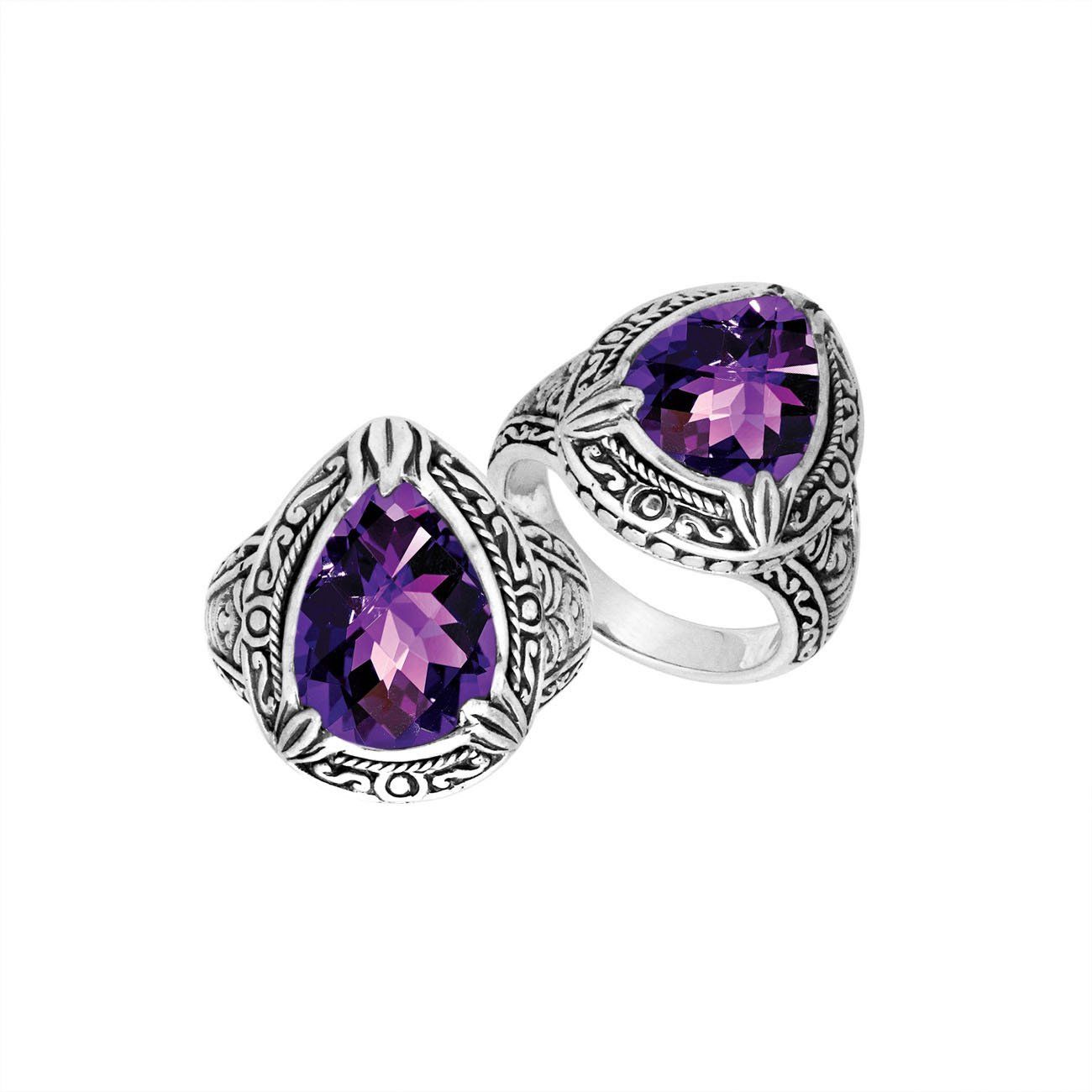 Sterling Silver Amethyst Quartz Ring With Balinese Leaf Carved Band For Women