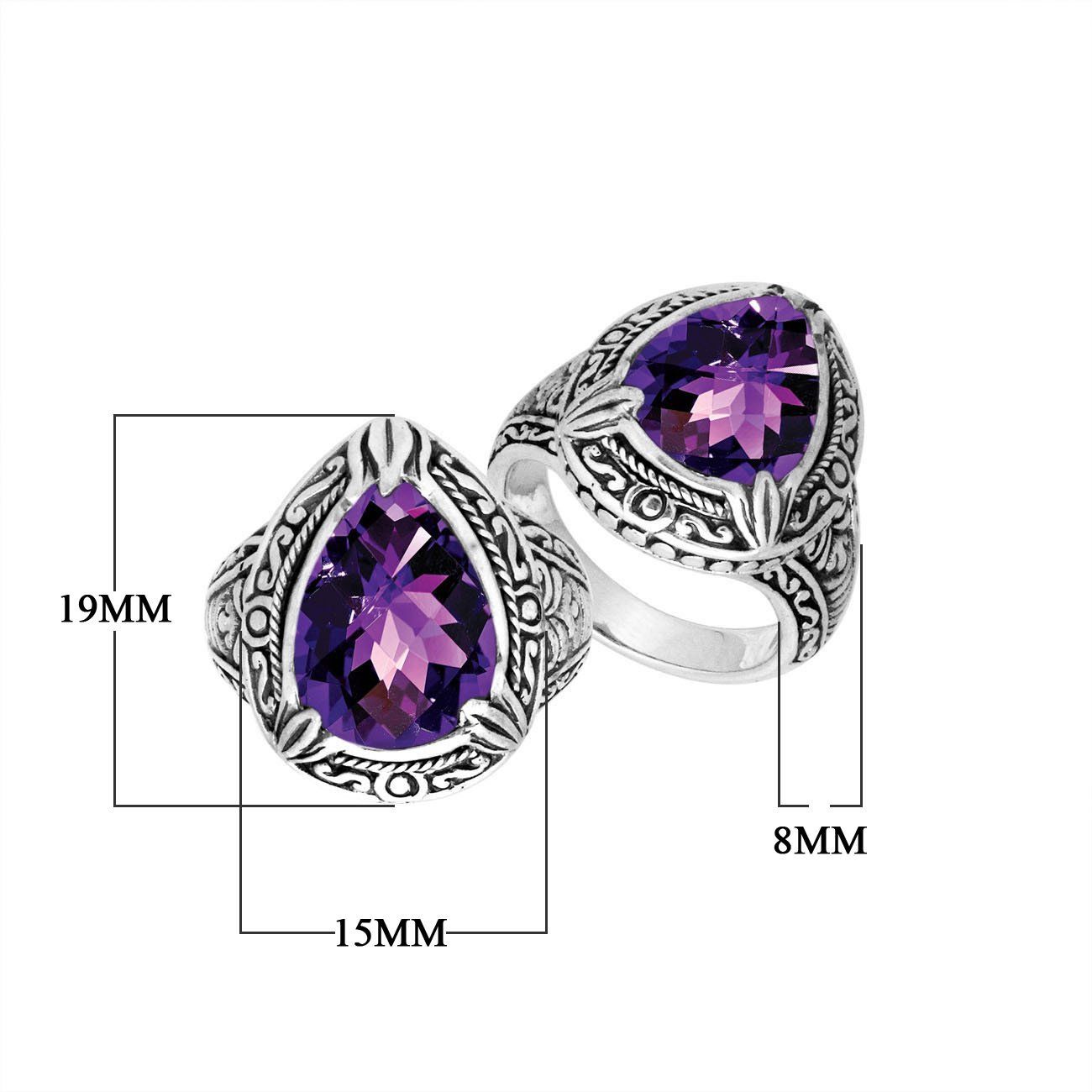 Sterling Silver Amethyst Quartz Ring With Balinese Leaf Carved Band For Women