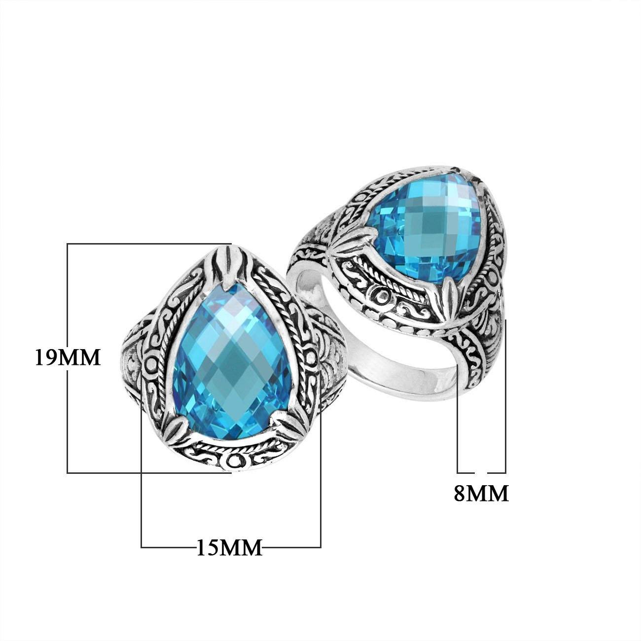 Sterling Silver Blue Topaz Quartz Ring With Balinese Carved Band For Women
