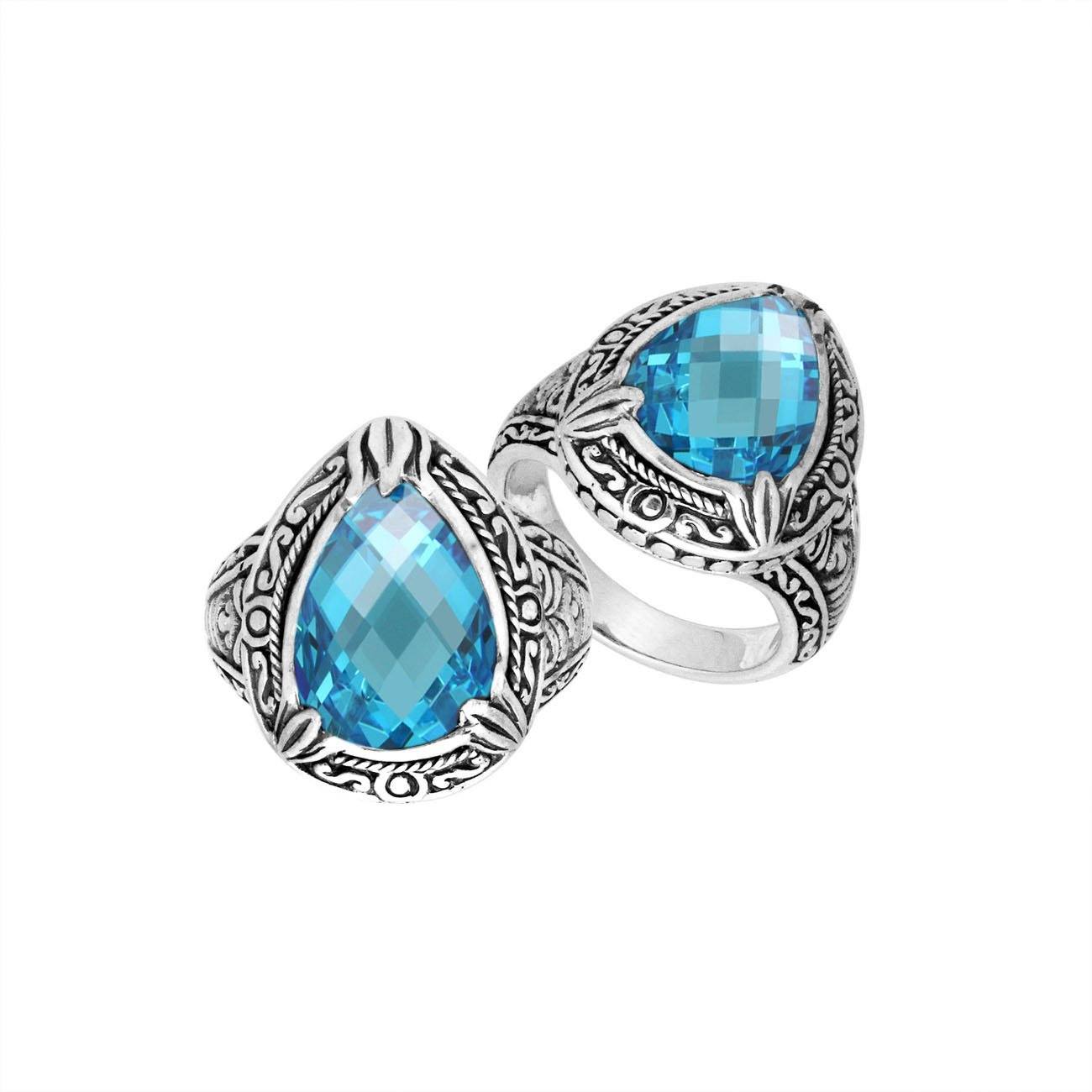 Sterling Silver Blue Topaz Quartz Ring With Balinese Carved Band For Women