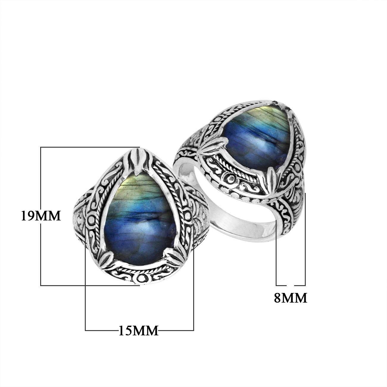 Sterling Silver Labradorite Ring With Balinese Carved Band For Women