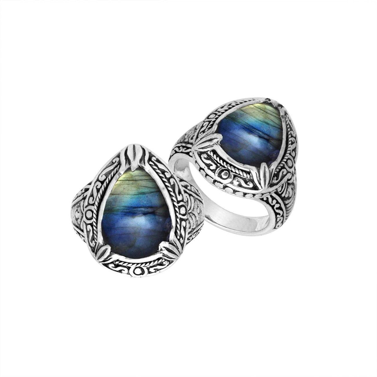 Sterling Silver Labradorite Ring With Balinese Carved Band For Women