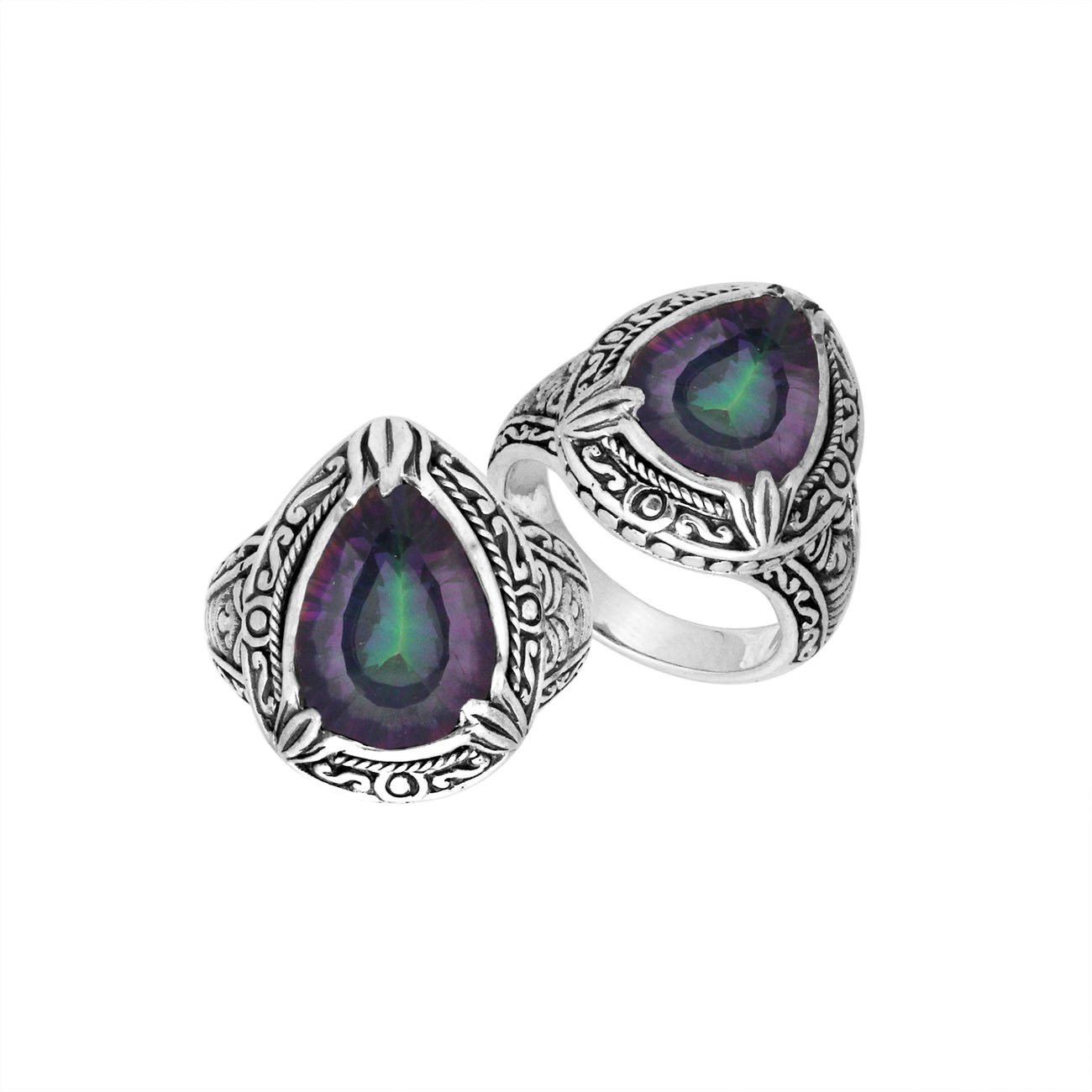 Sterling Silver Mystic Quartz Ring With Balinese Carved Band For Women