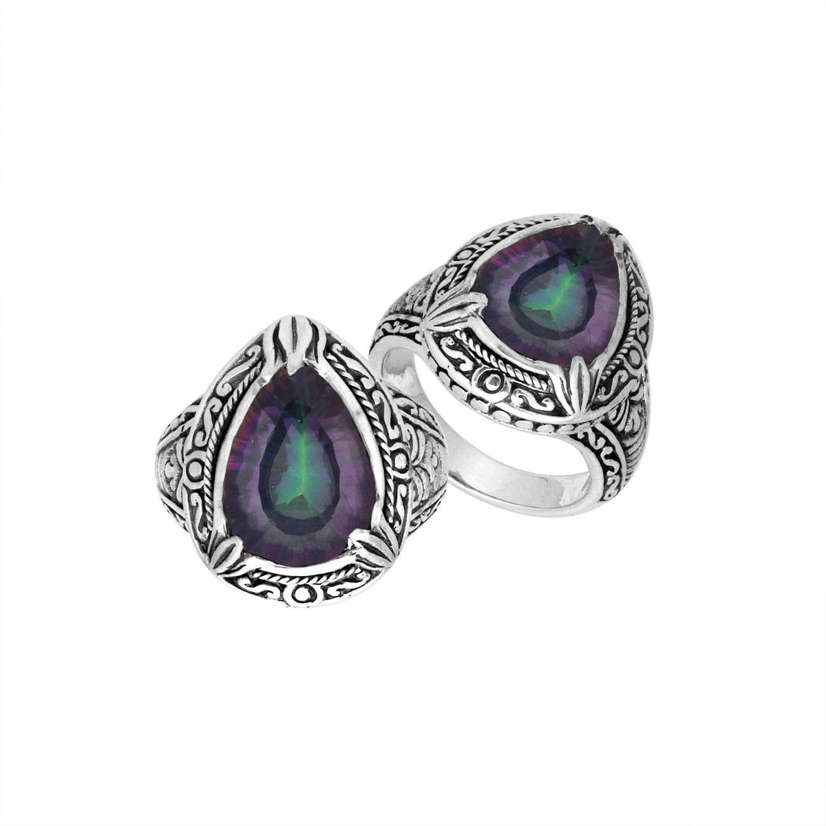 Sterling Silver Mystic Quartz Ring With Balinese Carved Band For Women