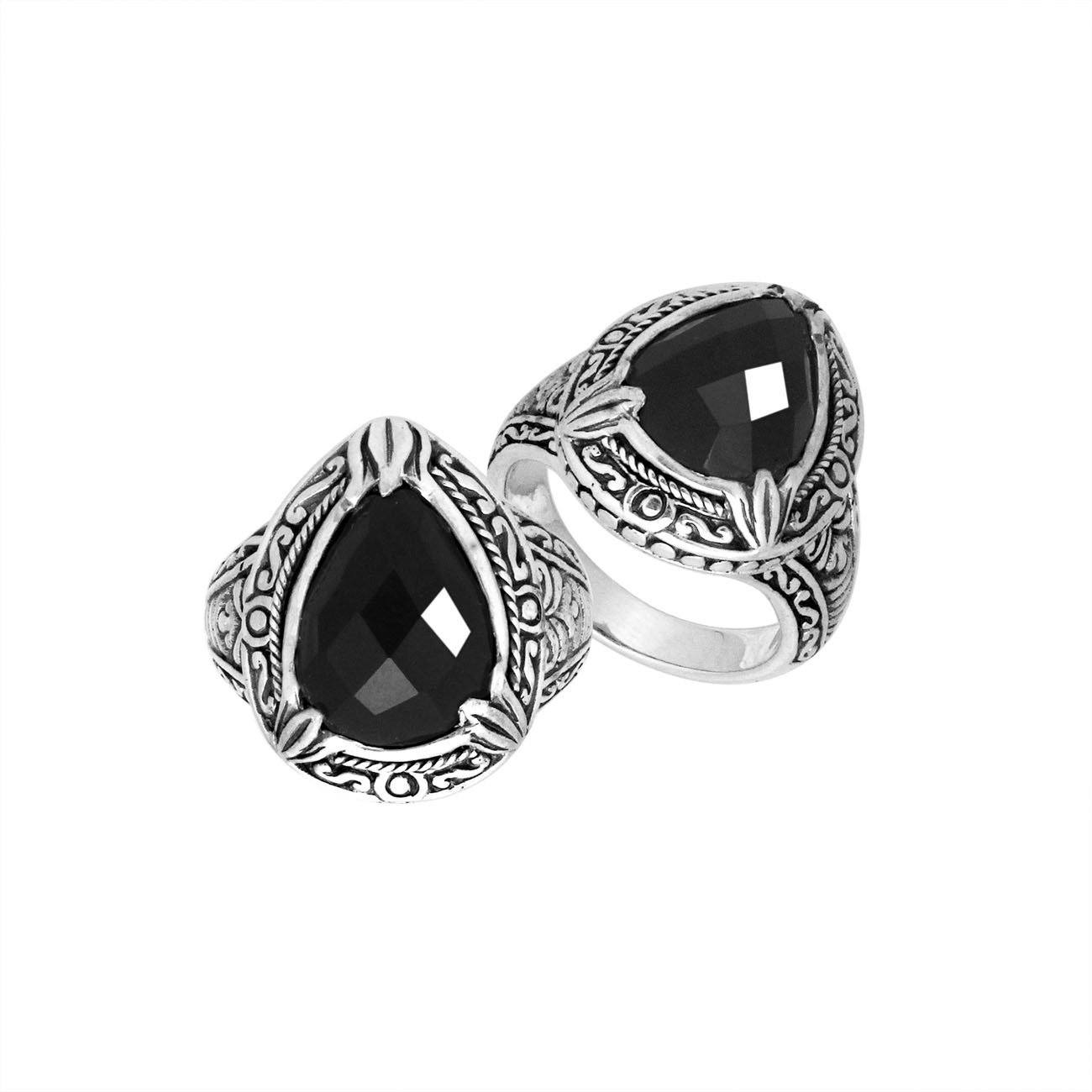 Sterling Silver Black Onyx Quartz Ring With Balinese Carved Band For Women