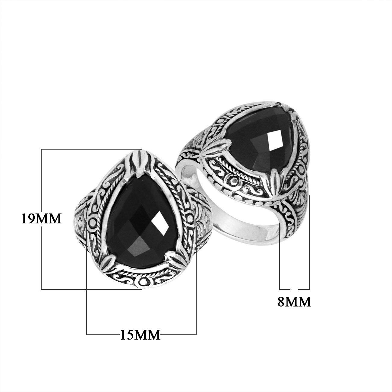 Sterling Silver Black Onyx Quartz Ring With Balinese Carved Band For Women
