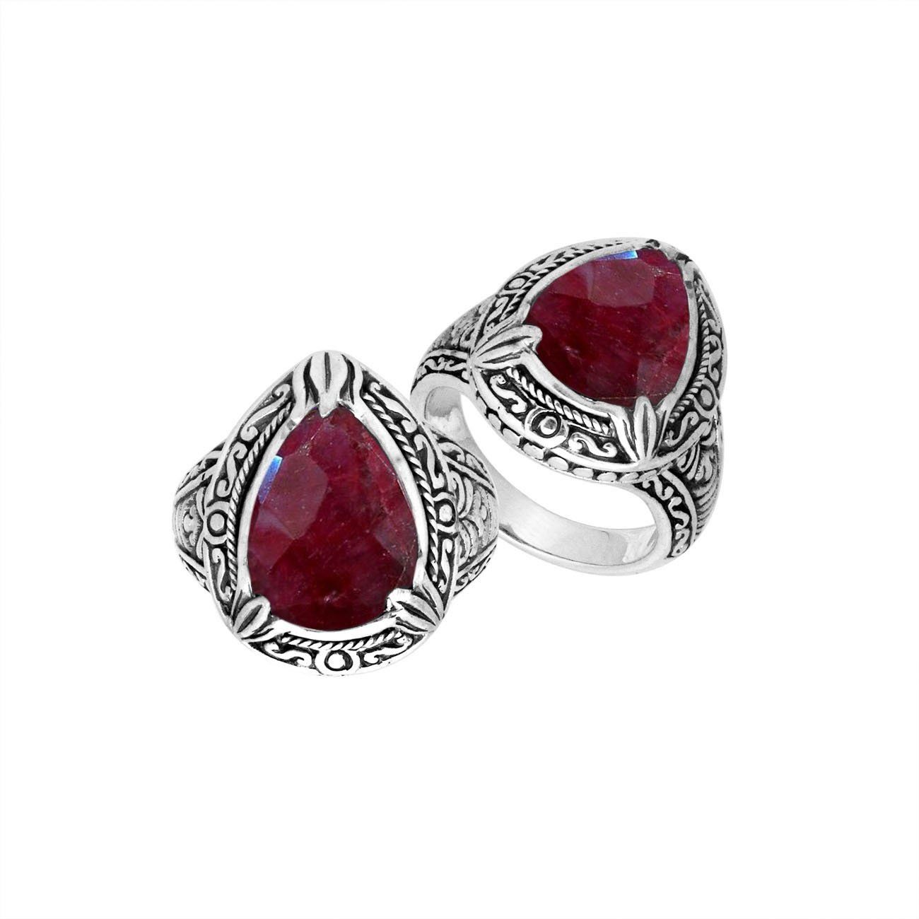 Sterling Silver Ruby Quartz Ring With Balinese Carved Band For Women