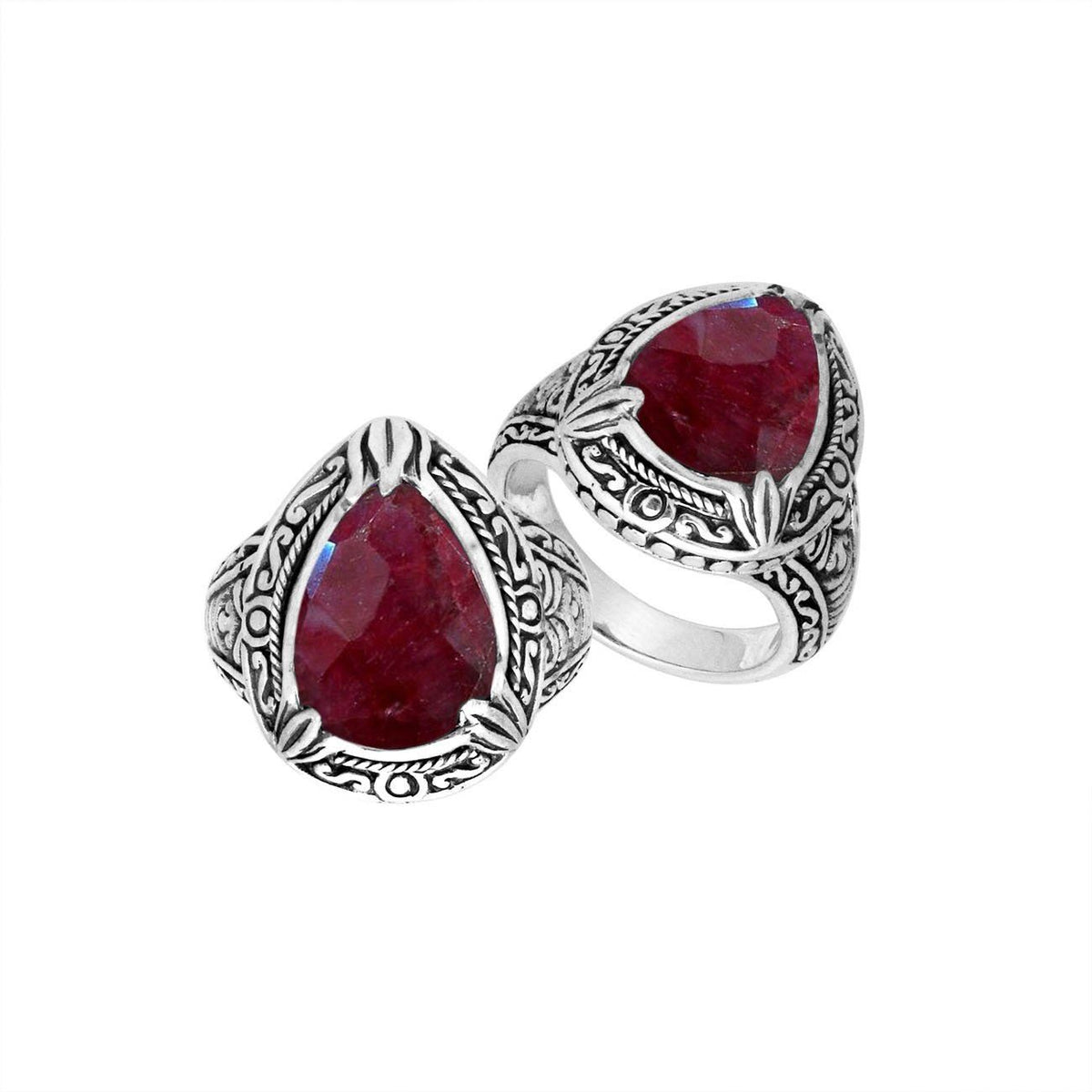 Sterling Silver Ruby Quartz Ring With Balinese Carved Band For Women
