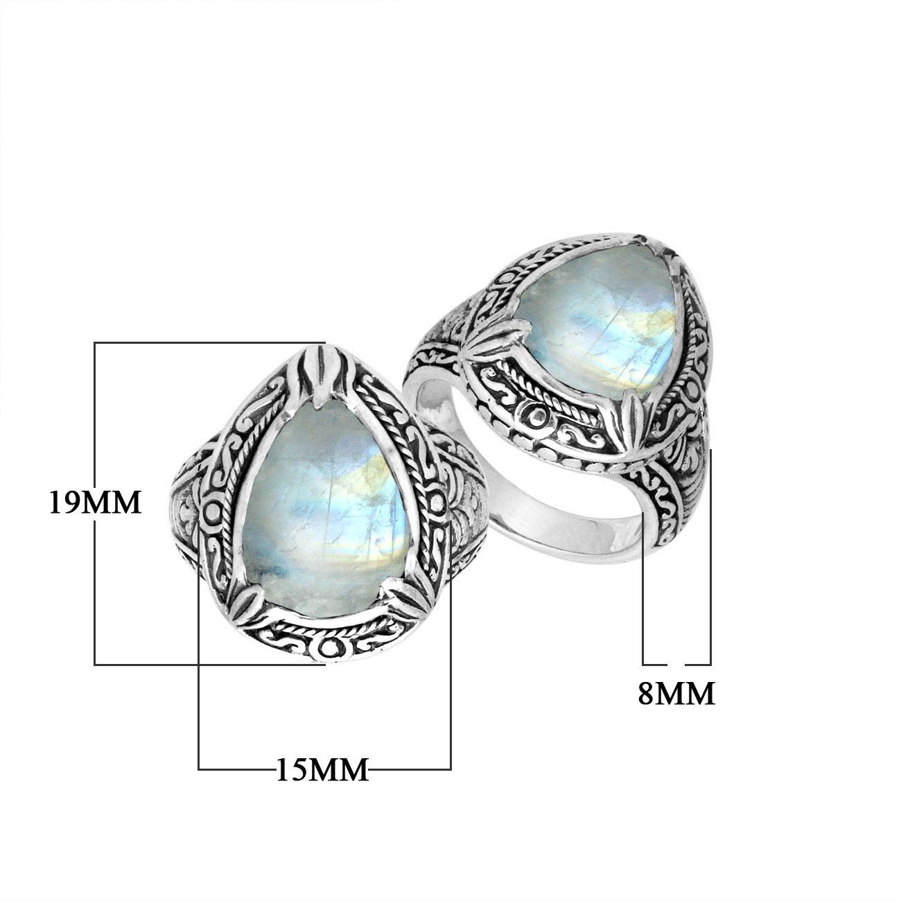 Sterling Silver Rainbow Moonstone Ring With Balinese Carved Band For Women