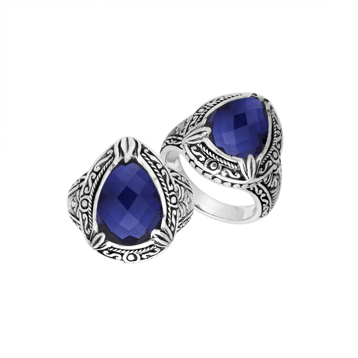 Sterling Silver Sapphire Quartz Ring With Balinese Carved Band For Women