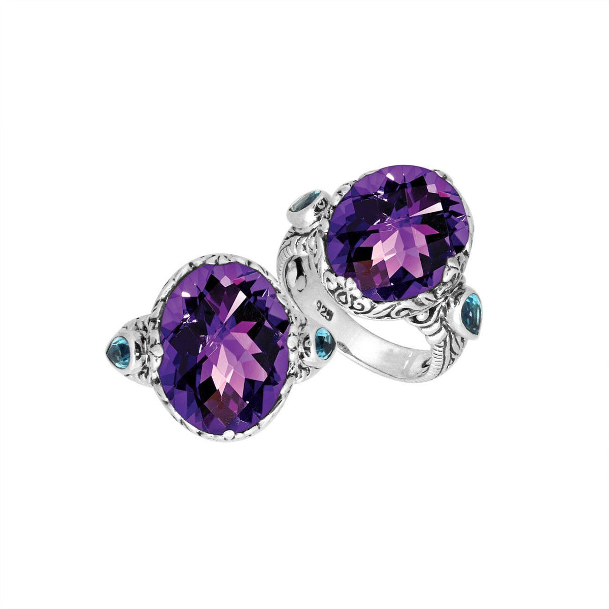 Sterling Silver Amethyst Quartz Oval Shape Ring With Balinese Carved Band For Women
