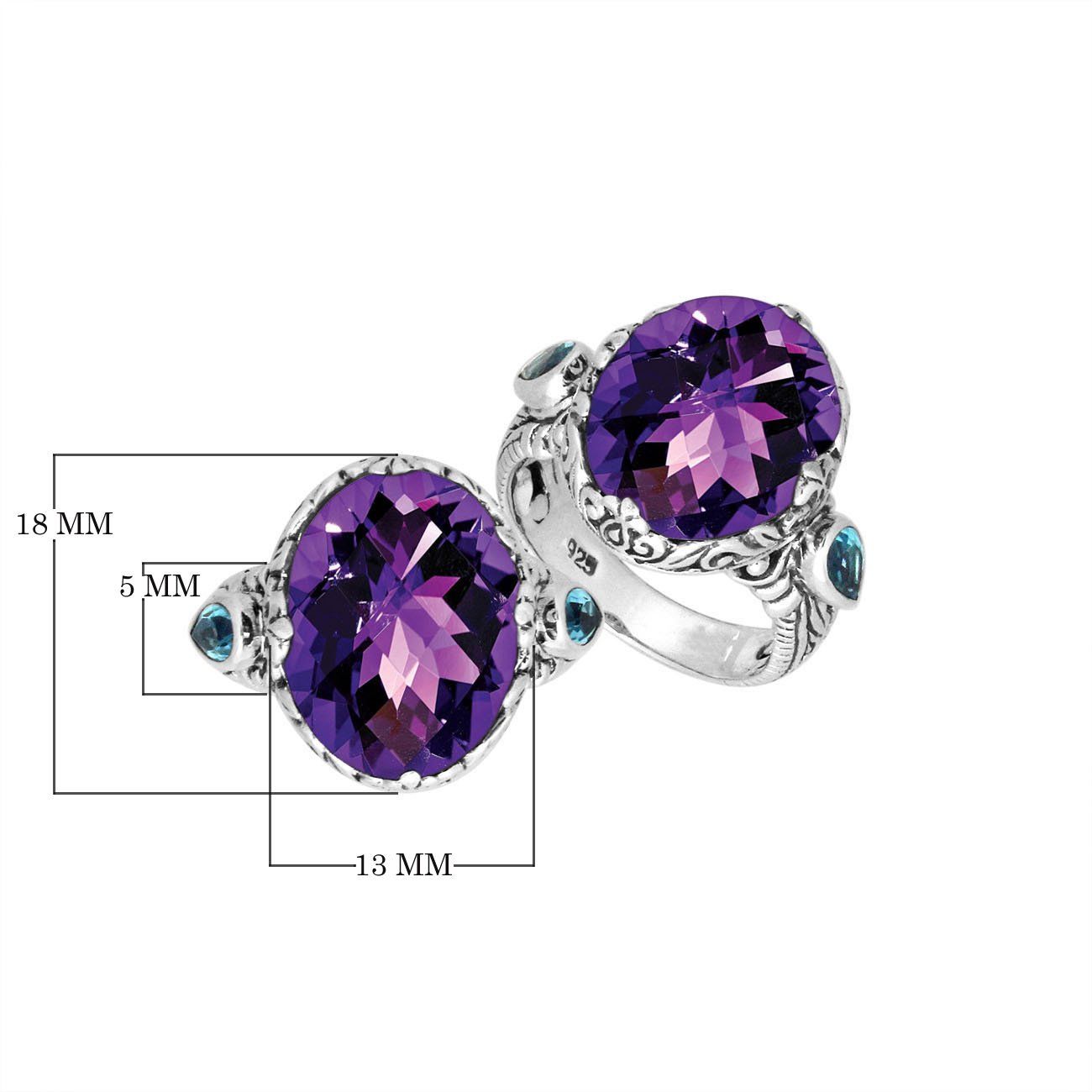 Sterling Silver Amethyst Quartz Oval Shape Ring With Balinese Carved Band For Women