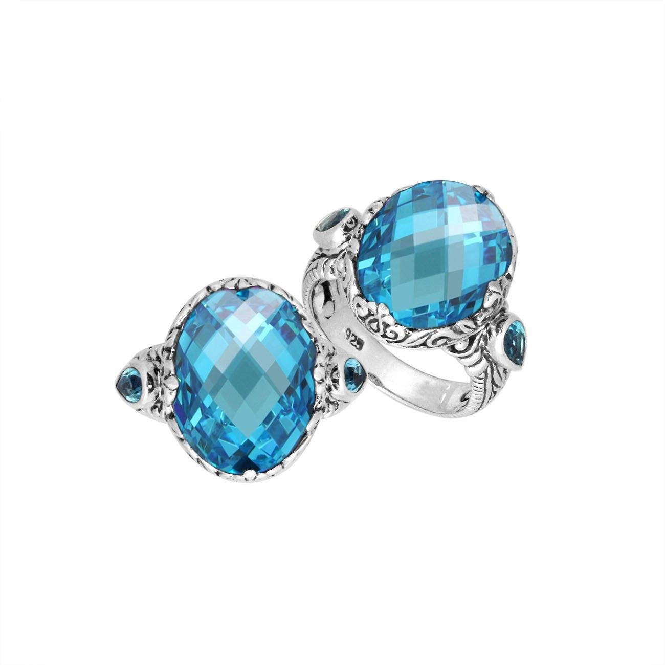 Sterling Silver Blue Topaz Quartz Oval Shape Ring With Balinese Carved Band For Women