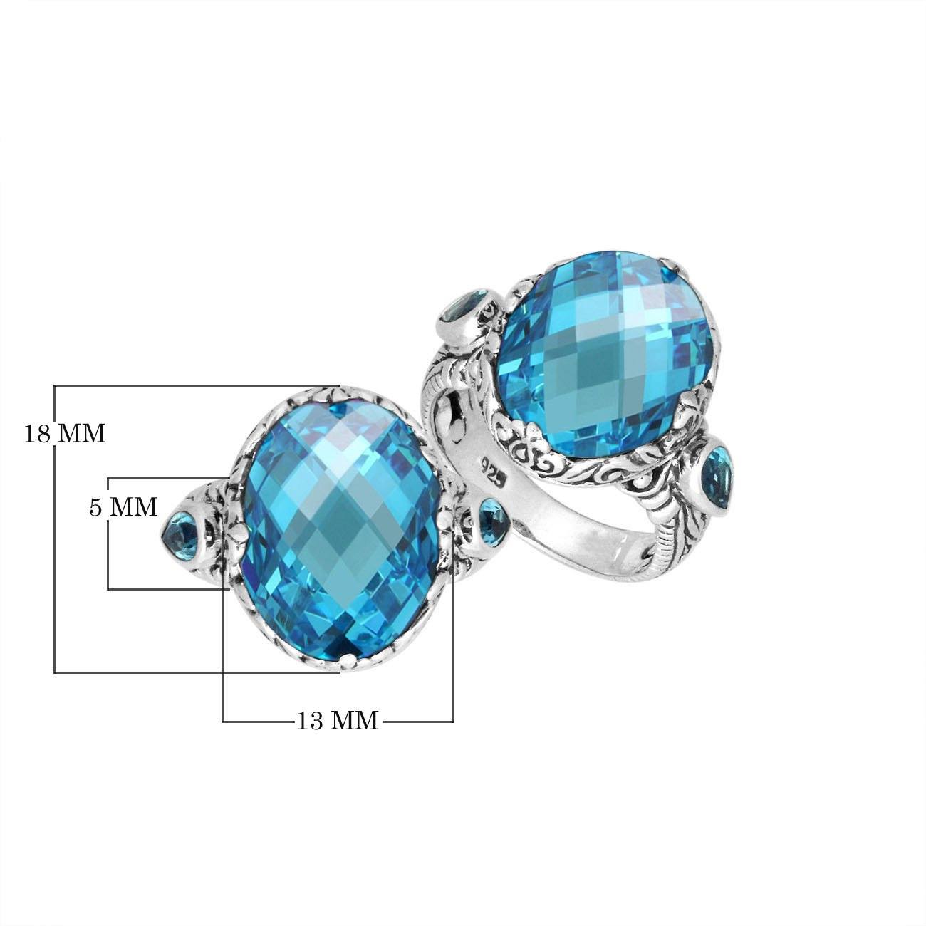 Sterling Silver Blue Topaz Quartz Oval Shape Ring With Balinese Carved Band For Women