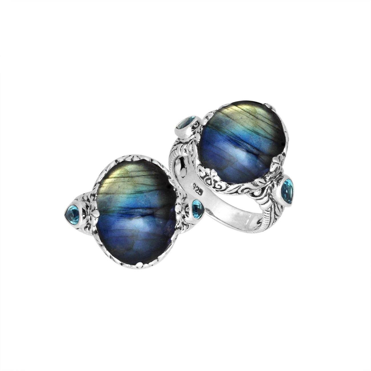 Sterling Silver Labradorite Oval Shape Ring With Balinese Carved Band For Women