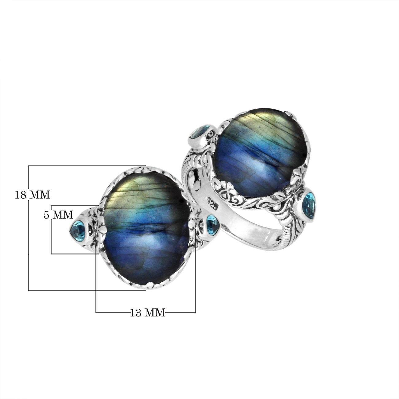 Sterling Silver Labradorite Oval Shape Ring With Balinese Carved Band For Women